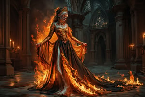 **The Flame's Embrace:** Imagine a gothic-inspired ritual where a girl composed of flames performs a dance in an old, gothic chapel. Her fiery dress and intricate, dark patterns create an enchanting contrast against the dim, candlelit surroundings.,Details,Skin texture,Details,Skin texture,Details,Skin texture,Details,Skin texture,Details,Skin texture,Details,Skin texture 