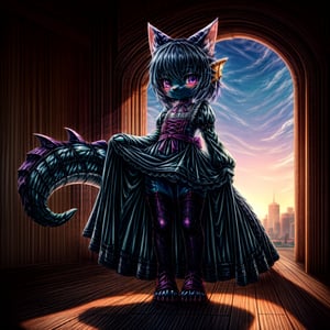 ((((full body)))), A majestic loli dragon neko stands before us. Her dark-scaled skin glistens in the soft, warm light, as if infused with an inner glow. Feline features are prominent - cat ears perked up and a long, fluffy tail extending from her posterior. A Lolita dress of mixed red, pink, and black patterns wraps around her slender form, creating a striking contrast against her dark scales. The overall composition is framed by a subtle gradient of blues and purples in the background, subtly evoking a sense of mystique and wonder.,green reptile hands,Monster girl,Dragon girl