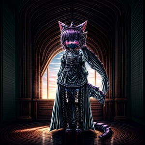 ((((full body)))), A majestic loli dragon neko stands before us. Her dark-scaled skin glistens in the soft, warm light, as if infused with an inner glow. Feline features are prominent - cat ears perked up and a long, fluffy tail extending from her posterior. A Lolita dress of mixed red, pink, and black patterns wraps around her slender form, creating a striking contrast against her dark scales. The overall composition is framed by a subtle gradient of blues and purples in the background, subtly evoking a sense of mystique and wonder.,green reptile hands,Monster girl,Dragon girl