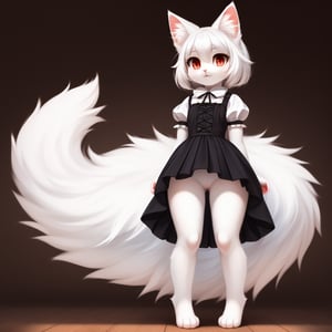 white neko girl, white cat ears, fluffy fur, fur body, white fur body, white fur, white fluffy cat tail, ((((full body)))), ((one tail)), two ears,cat eyes,split pupils, red gothic lolita, detail eyes