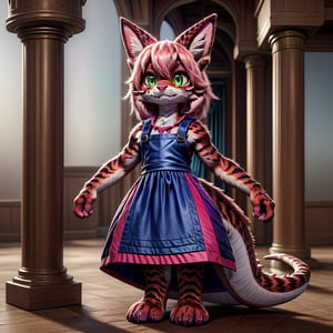 ((((full body)))), A majestic loli dragon neko stands before us. Her dark-scaled skin glistens in the soft, warm light, as if infused with an inner glow. Feline features are prominent - cat ears perked up and a long, fluffy tail extending from her posterior. A Lolita dress of mixed red, pink, and black patterns wraps around her slender form, creating a striking contrast against her dark scales. The overall composition is framed by a subtle gradient of blues and purples in the background, subtly evoking a sense of mystique and wonder.,green reptile hands,Monster girl,Dragon girl,furry,furry female,body fur,animal ear fluff,animal ears,fang