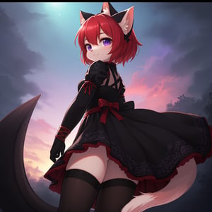 full body, A majestic loli dragon neko stands before us. Her dark-scaled skin glistens in the soft, warm light, as if infused with an inner glow. Feline features are prominent - cat ears perked up and a long, fluffy tail extending from her posterior. A Lolita dress of mixed red, pink, and black patterns wraps around her slender form, creating a striking contrast against her dark scales. The overall composition is framed by a subtle gradient of blues and purples in the background, subtly evoking a sense of mystique and wonder.