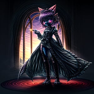 ((((full body)))), A majestic loli dragon neko stands before us. Her dark-scaled skin glistens in the soft, warm light, as if infused with an inner glow. Feline features are prominent - cat ears perked up and a long, fluffy tail extending from her posterior. A Lolita dress of mixed red, pink, and black patterns wraps around her slender form, creating a striking contrast against her dark scales. The overall composition is framed by a subtle gradient of blues and purples in the background, subtly evoking a sense of mystique and wonder.,green reptile hands,Monster girl,Dragon girl