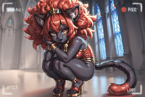 A full-body illustration of a young girl with cat ears and a long, bushy cat tail, featuring reddish-black fur. She has a large, vibrant afro styled in red hair, complemented by black fingernails and black toenails. The girl is dressed in a unique habit suitable for church, showcasing intricate details. The artwork should present viewfinder to highlight her playful demeanor and the texture of her fur skin, capturing both her feline traits and youthful charm