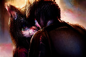 Full body,Two Neko girls in a vibrant fantasy setting, one with fur-covered features and a playful expression, engaging in a tender moment. The scene depicts the futa sister affectionately embracing her sibling, creating a warm atmosphere filled with love. Include a speech bubble that reads 'Love you, sis,' capturing their close bond. The background should feature whimsical elements like cherry blossom trees and soft pastel colors to enhance the overall affectionate,furry,furry female,body fur,animal ear fluff,animal ears,fang