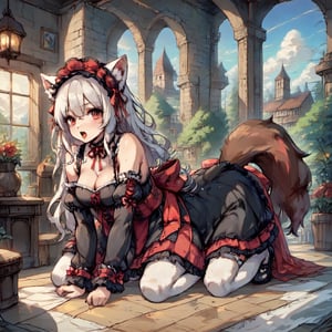 Wolf Girl in Gothic Lolita attire: a full-body portrait of a mystical figure with white fur covering her entire body, including ears and tail. Her piercing red eyes seem to hold a secrets as she poses confidently amidst a mysterious atmosphere. Score: 9+. Anime-inspired illustration with a hint of furry fantasy.,score_9,score_8_up,score_7_up,source_anime,BREAK