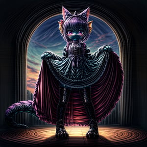 ((((full body)))), A majestic loli dragon neko stands before us. Her dark-scaled skin glistens in the soft, warm light, as if infused with an inner glow. Feline features are prominent - cat ears perked up and a long, fluffy tail extending from her posterior. A Lolita dress of mixed red, pink, and black patterns wraps around her slender form, creating a striking contrast against her dark scales. The overall composition is framed by a subtle gradient of blues and purples in the background, subtly evoking a sense of mystique and wonder.,green reptile hands,Monster girl,Dragon girl