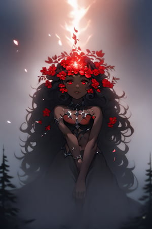 In a mystical forest, bathed in soft, ethereal light, a headless young woman with long silver curly hair and striking red eyes poses eerily beautiful. The camera frames her full figure against the misty trees, where the eerie silence is only broken by the gentle sway of vines. Her dark skin glistens as she holds her own dissevered head in one hand, surrounded by intricate black bikini armor adorned with vibrant red flower accents that seem to pulsate with an otherworldly energy. The flowers' delicate petals and stems are textured with lifelike detail, contrasting stunningly against her dark skin tone.