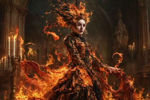 **The Flame's Embrace:** Imagine a gothic-inspired ritual where a girl composed of flames performs a dance in an old, gothic chapel. Her fiery dress and intricate, dark patterns create an enchanting contrast against the dim, candlelit surroundings.,Details,Skin texture,Details,Skin texture,Details,Skin texture,Details,Skin texture,Details,Skin texture,Details 