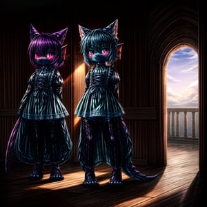 ((((full body)))), A majestic loli dragon neko stands before us. Her dark-scaled skin glistens in the soft, warm light, as if infused with an inner glow. Feline features are prominent - cat ears perked up and a long, fluffy tail extending from her posterior. A Lolita dress of mixed red, pink, and black patterns wraps around her slender form, creating a striking contrast against her dark scales. The overall composition is framed by a subtle gradient of blues and purples in the background, subtly evoking a sense of mystique and wonder.,green reptile hands,Monster girl,Dragon girl