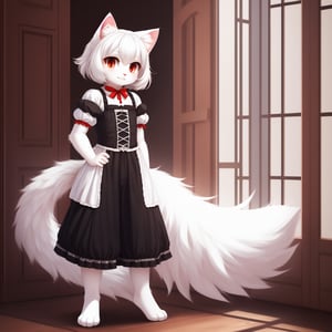 white neko girl, white cat ears, fluffy fur, fur body, white fur body, white fur, white fluffy cat tail, ((((full body)))), ((one tail)), two ears,cat eyes,split pupils, red gothic lolita, detail eyes