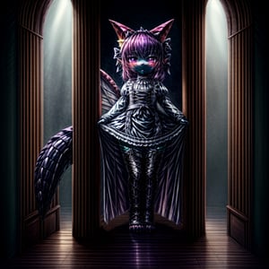 ((((full body)))), A majestic loli dragon neko stands before us. Her dark-scaled skin glistens in the soft, warm light, as if infused with an inner glow. Feline features are prominent - cat ears perked up and a long, fluffy tail extending from her posterior. A Lolita dress of mixed red, pink, and black patterns wraps around her slender form, creating a striking contrast against her dark scales. The overall composition is framed by a subtle gradient of blues and purples in the background, subtly evoking a sense of mystique and wonder.,green reptile hands,Monster girl,Dragon girl