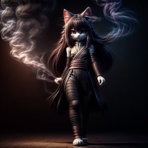 ((((full body)))),kunoichi, neko, girl, fur body, dark color fur, fluffy fur, pointy cat ears, long curly cat ears, absurdly long cherry hair, black eyes, smoke fur