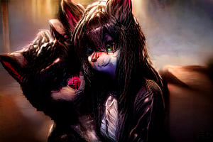 Full body,Two Neko girls in a vibrant fantasy setting, one with fur-covered features and a playful expression, engaging in a tender moment. The scene depicts the futa sister affectionately embracing her sibling, creating a warm atmosphere filled with love. Include a speech bubble that reads 'Love you, sis,' capturing their close bond. The background should feature whimsical elements like cherry blossom trees and soft pastel colors to enhance the overall affectionate,furry,furry female,body fur,animal ear fluff,animal ears,fang