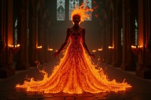 **The Flame's Embrace:** Imagine a gothic-inspired ritual where a girl composed of flames performs a dance in an old, gothic chapel. Her fiery dress and intricate, dark patterns create an enchanting contrast against the dim, candlelit surroundings.