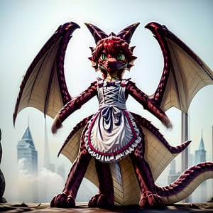 ((((full body)))), A majestic loli dragon neko stands before us. Her dark-scaled skin glistens in the soft, warm light, as if infused with an inner glow. Feline features are prominent - cat ears perked up and a long, fluffy tail extending from her posterior. A Lolita dress of mixed red, pink, and black patterns wraps around her slender form, creating a striking contrast against her dark scales. The overall composition is framed by a subtle gradient of blues and purples in the background, subtly evoking a sense of mystique and wonder.,green reptile hands,Monster girl,Dragon girl,furry,furry female,body fur,animal ear fluff,animal ears,fang