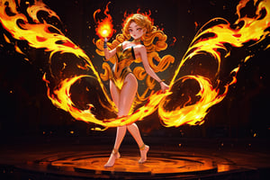 A fiery inferno engulfs the frame as a mesmerizing little girl's body is sculpted from blazing flames. Her porcelain-like skin glows with an ethereal warmth, as if kissed by the divine. Golden hues dance across her features, casting a radiant glow on the darkened surroundings. Full-body shot captures the fluid, fiery form, with tendrils of flame curling around her tiny hands and toes.,cartoon art