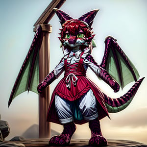 ((((full body)))), A majestic loli dragon neko stands before us. Her dark-scaled skin glistens in the soft, warm light, as if infused with an inner glow. Feline features are prominent - cat ears perked up and a long, fluffy tail extending from her posterior. A Lolita dress of mixed red, pink, and black patterns wraps around her slender form, creating a striking contrast against her dark scales. The overall composition is framed by a subtle gradient of blues and purples in the background, subtly evoking a sense of mystique and wonder.,green reptile hands,Monster girl,Dragon girl,furry,furry female,body fur,animal ear fluff,animal ears,fang