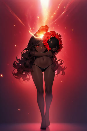 In a mystical forest bathed in soft, ethereal light, a headless young woman with long silver curly hair and striking red eyes poses eerily beautiful. Her dark skin glistens as she holds her own dissevered head in one hand, surrounded by intricate black bikini armor adorned with vibrant red flower accents that seem to pulsate with an otherworldly energy. The flowers' delicate petals and stems are textured with lifelike detail, contrasting stunningly against her dark skin tone. ((full body))