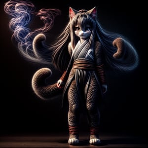 ((((full body)))),kunoichi, neko, girl, fur body, dark color fur, fluffy fur, pointy cat ears, long curly cat ears, absurdly long cherry hair, black eyes, smoke fur, cateyes, katana 