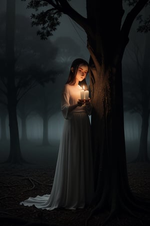 A petite teenage girl with a dullahan's ethereal glow, her frail figure shrouded in misty darkness. She stands amidst twisted tree roots, tendrils grasping like skeletal fingers. The atmosphere is heavy with the scent of damp earth and forgotten memories. Soft candlelight casts eerie shadows on her pale skin.