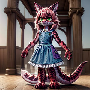 ((((full body)))), A majestic loli dragon neko stands before us. Her dark-scaled skin glistens in the soft, warm light, as if infused with an inner glow. Feline features are prominent - cat ears perked up and a long, fluffy tail extending from her posterior. A Lolita dress of mixed red, pink, and black patterns wraps around her slender form, creating a striking contrast against her dark scales. The overall composition is framed by a subtle gradient of blues and purples in the background, subtly evoking a sense of mystique and wonder.,green reptile hands,Monster girl,Dragon girl,furry,furry female,body fur,animal ear fluff,animal ears,fang