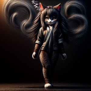 ((((full body)))),kunoichi, neko, girl, fur body, dark color fur, fluffy fur, pointy cat ears, long curly cat ears, absurdly long cherry hair, black eyes, smoke fur,cateyes