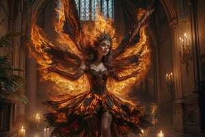 **The Flame's Embrace:** Imagine a gothic-inspired ritual where a girl composed of flames performs a dance in an old, gothic chapel. Her fiery dress and intricate, dark patterns create an enchanting contrast against the dim, candlelit surroundings.,Details,Skin texture,Details,Skin texture,Details,Skin texture,Details,Skin texture,Details,Skin texture,Details,Skin texture 