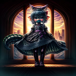 ((((full body)))), A majestic loli dragon neko stands before us. Her dark-scaled skin glistens in the soft, warm light, as if infused with an inner glow. Feline features are prominent - cat ears perked up and a long, fluffy tail extending from her posterior. A Lolita dress of mixed red, pink, and black patterns wraps around her slender form, creating a striking contrast against her dark scales. The overall composition is framed by a subtle gradient of blues and purples in the background, subtly evoking a sense of mystique and wonder.,green reptile hands,Monster girl,Dragon girl