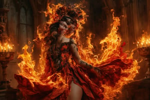 **The Flame's Embrace:** Imagine a gothic-inspired ritual where a girl composed of flames performs a dance in an old, gothic chapel. Her fiery dress and intricate, dark patterns create an enchanting contrast against the dim, candlelit surroundings.,Details,Skin texture,Details,Skin texture,Details,Skin texture,Details,Skin texture,Details,Skin texture,Details 