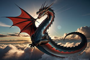 A majestic snake-like dragon with sharp claws soars through a turbulent sky, her metallic red and black scales shimmering as she weaves between the clouds. The camera zooms in on her scales as she banks to the left, revealing the textured patterns of her body. Clouds swirl around her like wisps of smoke, illuminated by warm sunlight casting long shadows across her form.