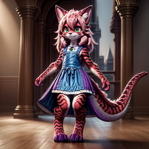 ((((full body)))), A majestic loli dragon neko stands before us. Her dark-scaled skin glistens in the soft, warm light, as if infused with an inner glow. Feline features are prominent - cat ears perked up and a long, fluffy tail extending from her posterior. A Lolita dress of mixed red, pink, and black patterns wraps around her slender form, creating a striking contrast against her dark scales. The overall composition is framed by a subtle gradient of blues and purples in the background, subtly evoking a sense of mystique and wonder.,green reptile hands,Monster girl,Dragon girl,furry,furry female,body fur,animal ear fluff,animal ears,fang