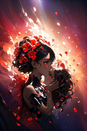 In a mystical forest bathed in soft, ethereal light, a headless young woman with long silver curly hair and striking red eyes poses eerily beautiful. Her dark skin glistens as she holds her own dissevered head in one hand, surrounded by intricate black bikini armor adorned with vibrant red flower accents that seem to pulsate with an otherworldly energy. The flowers' delicate petals and stems are textured with lifelike detail, contrasting stunningly against her dark skin tone. ((full body)),more detail XL