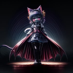 ((((full body)))), A majestic loli dragon neko stands before us. Her dark-scaled skin glistens in the soft, warm light, as if infused with an inner glow. Feline features are prominent - cat ears perked up and a long, fluffy tail extending from her posterior. A Lolita dress of mixed red, pink, and black patterns wraps around her slender form, creating a striking contrast against her dark scales. The overall composition is framed by a subtle gradient of blues and purples in the background, subtly evoking a sense of mystique and wonder.,green reptile hands,Monster girl,Dragon girl