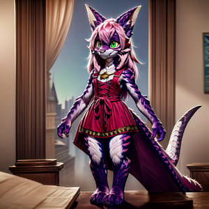 ((((full body)))), A majestic loli dragon neko stands before us. Her dark-scaled skin glistens in the soft, warm light, as if infused with an inner glow. Feline features are prominent - cat ears perked up and a long, fluffy tail extending from her posterior. A Lolita dress of mixed red, pink, and black patterns wraps around her slender form, creating a striking contrast against her dark scales. The overall composition is framed by a subtle gradient of blues and purples in the background, subtly evoking a sense of mystique and wonder.,green reptile hands,Monster girl,Dragon girl,furry,furry female,body fur,animal ear fluff,animal ears,fang