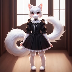 white neko girl, white cat ears, fluffy fur, fur body, white fur body, white fur, white fluffy cat tail, ((((full body)))), ((one tail)), two ears,cat eyes,split pupils, red gothic lolita, detail eyes