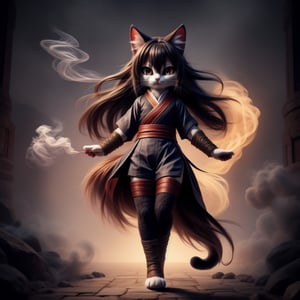 ((((full body)))),kunoichi, neko, girl, fur body, dark color fur, fluffy fur, pointy cat ears, long curly cat ears, absurdly long cherry hair, black eyes, smoke fur