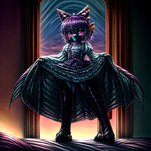 ((((full body)))), A majestic loli dragon neko stands before us. Her dark-scaled skin glistens in the soft, warm light, as if infused with an inner glow. Feline features are prominent - cat ears perked up and a long, fluffy tail extending from her posterior. A Lolita dress of mixed red, pink, and black patterns wraps around her slender form, creating a striking contrast against her dark scales. The overall composition is framed by a subtle gradient of blues and purples in the background, subtly evoking a sense of mystique and wonder.,green reptile hands,Monster girl,Dragon girl