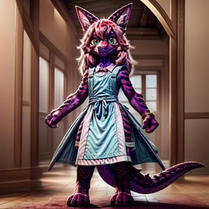 ((((full body)))), A majestic loli dragon neko stands before us. Her dark-scaled skin glistens in the soft, warm light, as if infused with an inner glow. Feline features are prominent - cat ears perked up and a long, fluffy tail extending from her posterior. A Lolita dress of mixed red, pink, and black patterns wraps around her slender form, creating a striking contrast against her dark scales. The overall composition is framed by a subtle gradient of blues and purples in the background, subtly evoking a sense of mystique and wonder.,green reptile hands,Monster girl,Dragon girl,furry,furry female,body fur,animal ear fluff,animal ears,fang