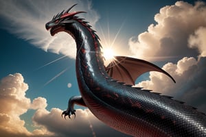 A majestic snake-like dragon with sharp claws soars through a turbulent sky, her metallic red and black scales shimmering as she weaves between the clouds. The camera zooms in on her scales as she banks to the left, revealing the textured patterns of her body. Clouds swirl around her like wisps of smoke, illuminated by warm sunlight casting long shadows across her form.