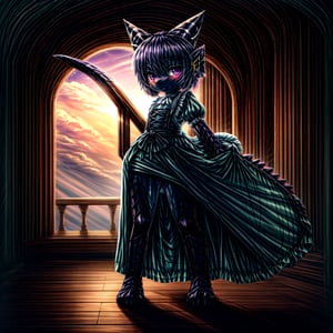 ((((full body)))), A majestic loli dragon neko stands before us. Her dark-scaled skin glistens in the soft, warm light, as if infused with an inner glow. Feline features are prominent - cat ears perked up and a long, fluffy tail extending from her posterior. A Lolita dress of mixed red, pink, and black patterns wraps around her slender form, creating a striking contrast against her dark scales. The overall composition is framed by a subtle gradient of blues and purples in the background, subtly evoking a sense of mystique and wonder.,green reptile hands,Monster girl,Dragon girl