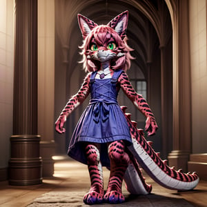 ((((full body)))), A majestic loli dragon neko stands before us. Her dark-scaled skin glistens in the soft, warm light, as if infused with an inner glow. Feline features are prominent - cat ears perked up and a long, fluffy tail extending from her posterior. A Lolita dress of mixed red, pink, and black patterns wraps around her slender form, creating a striking contrast against her dark scales. The overall composition is framed by a subtle gradient of blues and purples in the background, subtly evoking a sense of mystique and wonder.,green reptile hands,Monster girl,Dragon girl,furry,furry female,body fur,animal ear fluff,animal ears,fang