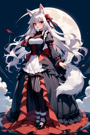 wolf girl,fur body,white wolf fur,white wolf ears,red eyes,white wolf tail, gothic lolita,full body,score_9,score_8_up,score_7_up,source_anime,BREAK,anthro