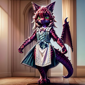 ((((full body)))), A majestic loli dragon neko stands before us. Her dark-scaled skin glistens in the soft, warm light, as if infused with an inner glow. Feline features are prominent - cat ears perked up and a long, fluffy tail extending from her posterior. A Lolita dress of mixed red, pink, and black patterns wraps around her slender form, creating a striking contrast against her dark scales. The overall composition is framed by a subtle gradient of blues and purples in the background, subtly evoking a sense of mystique and wonder.,green reptile hands,Monster girl,Dragon girl,furry,furry female,body fur,animal ear fluff,animal ears,fang