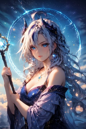  Score_9, score_8_up,score_7_up, 
quality, masterpiece:1.4, detailed:1.4, ,best quality:1.4, //, 1 lady, solo, ahego white hair, long hair, glowing black streaked hair, (blue sclera:1.5) glowful blue eyes, electricity comes out of eyes, looks down on viewer, annoyed stare, attacking pose, view from the side, collarbones, medium_chest, ((holds a elegant magic staff)) ,//, magic fashion, wings made out of electricity, intricate wings, halo made out of electricity, cyan and purple magician punk clothes, electric patterns on clothes, electricity cracking on clothes, electric horns ,//,outdoor, night, stary night, ,ink paint, galaxy, falling stars, many stars, vivid galaxy, intricate galaxy, ((intricate magic circle behind lady)), 