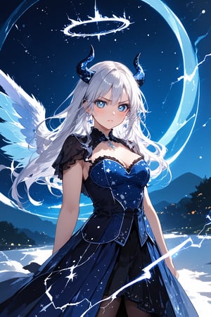 Score_9, score_8_up,score_7_up, 
quality, masterpiece:1.4, detailed:1.4, ,best quality:1.4, //, 1 lady, solo, ahego white hair, long hair, glowing black streaked hair, (blue sclera:1.5) glowful blue eyes, electricity comes out of eyes, looks down on viewer, annoyed stare, attackikg pose, view from the side, collarbones, medium_chest, ((holds a elegant magic staff)) ,//, magic fashion, wings made out of electricity, intricate wings, halo made out of electricity, cyan and purple magician punk clothes, electric patterns on clothes, electricity cracking on clothes, electric horns ,//,outdoor, night, stary night, ,ink paint, galaxy, falling stars, many stars, vivid galaxy, intricate galaxy, ((intricate magic circle behind lady)), 