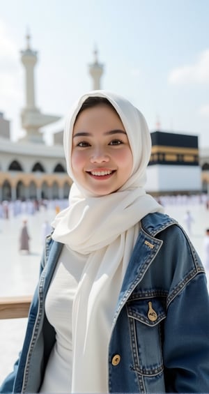 A very beautiful Asian woman in soft white clothes with an elegant white hijab, combine a black denim jacket with a maxi dress and a denim hijab, for a more stylish OOTD look, a hijab jeans jacket, a charming smiling face, bright natural lighting as a backdrop, a view of the Kabbah Hajar Aswad city Mecca