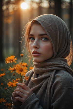 Portrait of a Caucasian  hijab beautiful girl holding the most delicate flower, blured forest background, morning sunrise, 8k