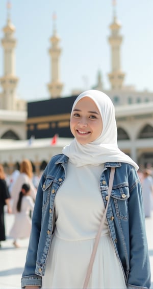 A very beautiful Asian woman in soft white clothes with an elegant white hijab, combine a black denim jacket with a maxi dress and a denim hijab, for a more stylish OOTD look, a hijab jeans jacket, charming smiling face, she is carrying a bag, bright natural lighting as a backdrop to the view of the Kabbah Hajar Aswad in Mecca