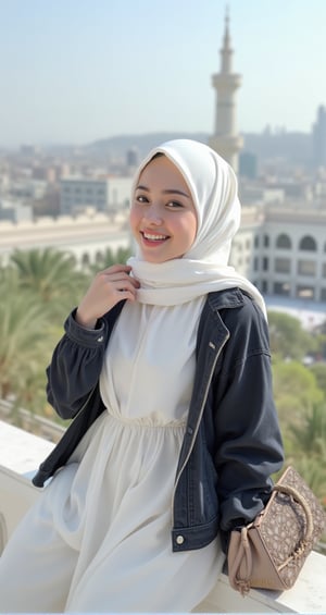 A very beautiful Asian woman in soft white clothes with an elegant white hijab, combine a black denim jacket with a maxi dress and a denim hijab, for a more stylish OOTD look, a hijab jeans jacket, charming smiling face, she is carrying a bag, she is sitting on the bright natural light. hill with a view down the background view of the Kabbah Hajar Aswad city of Mecca